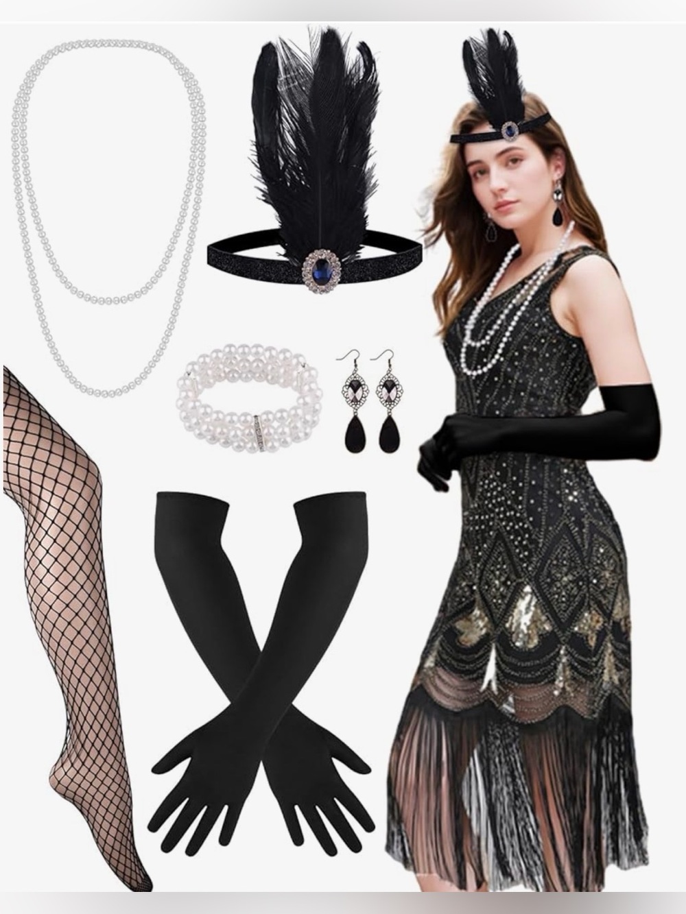 ✨🖤 NWT PLULON 1920s Gatsby Flapper Dress Costume Set – XL – Roaring 20s Sequin